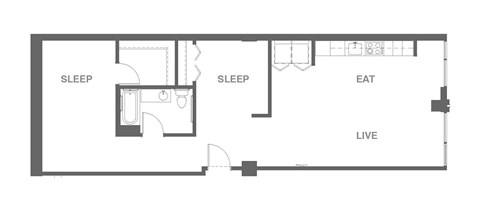 Floor plan for 2 beds, 1 bath, 995 sqft